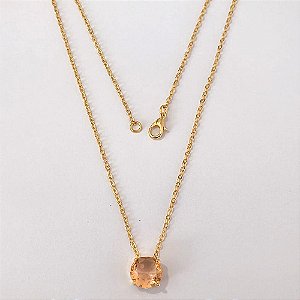 GARGANTILHA FOLHEADA A OURO - BANHADO COM 5 MILÉSIMOS + VERNIZ DIAMOND - CORRENTE CADEADO 45CM E PINGENTE EM ZIRCÔNIA REDONDA SALMÃO 10MM - (OURO1246) OUGG000255