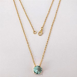 GARGANTILHA FOLHEADA A OURO - BANHADO COM 5 MILÉSIMOS + VERNIZ DIAMOND - CORRENTE CADEADO 45CM E PINGENTE EM ZIRCÔNIA REDONDA AZUL 10MM - (OURO1249) OUGG000258