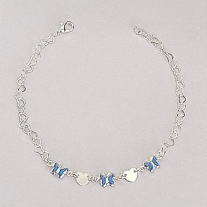 PULSEIRA FOLHEADA A PRATA COM 50 MILÉSIMOS + VERNIZ DIAMOND - PULSEIRA 19CM CORRENTE CORAÇÃO COM BORBOLETAS AZUÍS DE VIDRO E FECHO LAGOSTA - PRPS001266