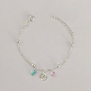 PULSEIRA FOLHEADA A PRATA COM 50 MILÉSIMOS + VERNIZ DIAMOND - PULSEIRA INFANTIL 12CM CORRENTE DE BOLINHAS COM PEDRAS COLORIDAS - PRPS001267