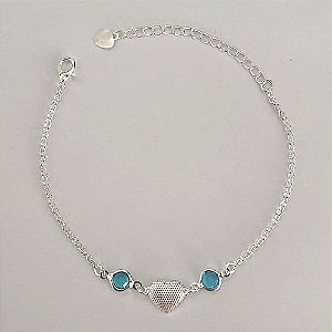 PULSEIRA FOLHEADA A PRATA COM 50 MILÉSIMOS + VERNIZ DIAMOND - PULSEIRA 16CM CORAÇÃO COM PEDRA CRISTAL AZUÍS + EXTENSOR E FECHO LAGOSTA - PRPS001268