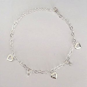 PULSEIRA FOLHEADA A PRATA COM 50 MILÉSIMOS + VERNIZ DIAMOND - PULSEIRA 17CM CORAÇÕES VAZADOS E ESTRELAS COM MICRO ZIRCÔNIAS + EXTENSOR E FECHO LAGOSTA - PRPS001269