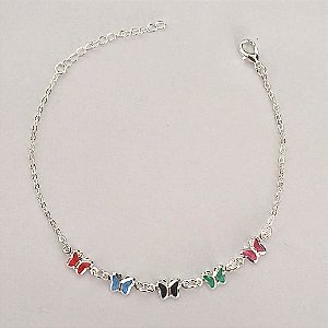 PULSEIRA FOLHEADA A PRATA COM 50 MILÉSIMOS + VERNIZ DIAMOND - PULSEIRA 17CM BORBOLETAS DE VIDRO COLORIDAS + EXTENSOR E FECHO LAGOSTA - PRPS001270