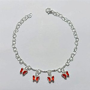 PULSEIRA FOLHEADA A PRATA COM 50 MILÉSIMOS + VERNIZ DIAMOND - PULSEIRA 17CM BORBOLETAS DE VIDRO VERMELHA FECHO LAGOSTA - PRPS001270