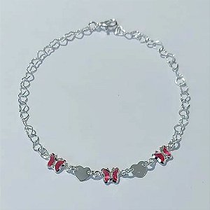 PULSEIRA FOLHEADA A PRATA COM 50 MILÉSIMOS + VERNIZ DIAMOND - PULSEIRA 19CM CORRENTE CORAÇÃO COM BORBOLETAS ROSAS DE VIDRO E FECHO LAGOSTA - PRPS001272