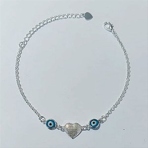 PULSEIRA FOLHEADA A PRATA COM 50 MILÉSIMOS + VERNIZ DIAMOND - PULSEIRA 16CM CORAÇÃO COM OLHOS GREGOS AZUIS + EXTENSOR E FECHO LAGOSTA - PRPS001274