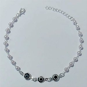 PULSEIRA FOLHEADA A PRATA COM 50 MILÉSIMOS + VERNIZ DIAMOND - PULSEIRA 17CM PERÓLAS COM OLHOS GREGOS NEGROS + EXTENSOR E FECHO LAGOSTA - PRPS001275