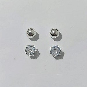 DUO DE BRINCO FOLHEADO A PRATA 50 MILÉSIMOS + VERNIZ DIAMOND - DUO DE BRINCO DE PINO ZIRCÔNIA 6MM E BOLA LISA 6MM - PRBR001550