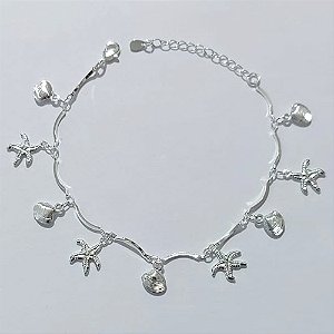 PULSEIRA FOLHEADO A PRATA COM 50 MILÉSIMOS + VERNIZ DIAMOND - PULSEIRA 17CM COM CONHAS E ESTRELA DO MAR + EXTENSOR- PRPS001281