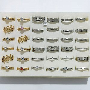 KIT ANEL E ALIANÇA EM AÇO INOXIDÁVEL E AÇO DOURADO MODELOS DIVERSOS E NUMERAÇÃO DE 13 ATÉ 33 KIT COM 36 UNIDADES (12 UNIDADES DOURADO) ACKI000051