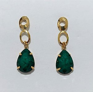 BRINCO FOLHEADO A OURO - BANHADO COM 5 MILÉSIMOS + VERNIZ DIAMOND - BRINCO BASE VAZADA E ZIRCÔNIA VERDE GOTA 14MM - (OURO1234) OUBR000557