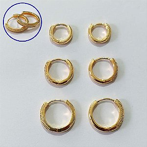 BRINCO FOLHEADO A OURO + VERNIZ - TRIO DE BRINCOS DE ARGOLA COM 1 FILEIRA DE MICRO ZIRCÔNIAS 18/15/12MM OUBR000592