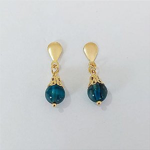 BRINCO FOLHEADO A OURO - BANHADO COM 5 MILÉSIMOS + VERNIZ DIAMOND - BRINCO DE PINO BASE LISA PEDRA NATURAL AZUL 25MM - (OURO1056)OUBR000607