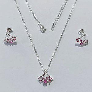 CONJUNTO FOLHEADA A PRATA COM 50 MILÉSIMOS + VERNIZ DIAMOND - CORRENTE CADEADO PINGENTE E BRINCO DE PINO COM MICRO ZIRCÔNIAS COLORIDAS 13MM PRCJ000210