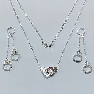 CONJUNTO FOLHEADO A PRATA COM 50 MILÉSIMOS + VERNIZ DIAMOND - CORRENTE CADEADO PINGENTE E BRINCO COM ALGEMAS DUPLAS 13MM PRCJ000211