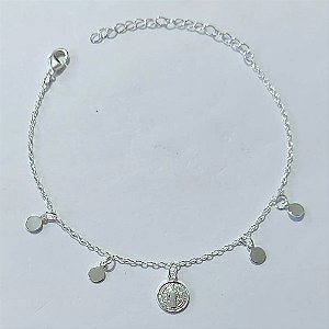 PULSEIRA FOLHEADA A PRATA COM 50 MILÉSIMOS + VERNIZ DIAMOND - PULSEIRA 15CM PINGENTE SÃO BENTO E BOLINHAS LISAS + EXTENSOR PRPS001320