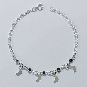 PULSEIRA FOLHEADA A PRATA COM 50 MILÉSIMOS + VERNIZ DIAMOND - PULSEIRA CORRENTE DUPLA COM PEDRAS CRISTAIS PRETA E LUAS LISAS PRPS001321