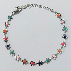 PULSEIRA EM AÇO INOXIDÁVEL - PULSEIRA 15CM COM MARGARIDAS COLORIDAS + EXTENSOR E FECHO LAGOSTA - ACPS000772