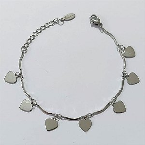 PULSEIRA EM AÇO INOXIDÁVEL - PULSEIRA 17CM COM CORAÇÕES LISOS E PENDURADOS E FECHO LAGOSTA - ACPS000777