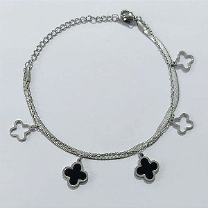 PULSEIRA EM AÇO INOXIDÁVEL - PULSEIRA DUPLA 17CM COM TREVO PRETOS E VAZADOS + EXTENSOR ACPS000801