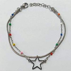 PULSEIRA EM AÇO INOXIDÁVEL - PULSEIRA DUPLA 16CM COM RABO DE RATO E BOLINHAS COLORIDAS E ESTRELA VAZADA + EXTENSOR ACPS000802