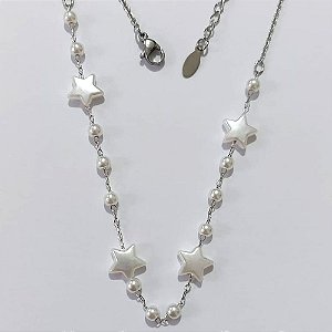 O GARGANTILHA EM AÇO INOXIDÁVEL - GARGANTILHA 40CM COM ESTRELAS E BOLAS EM PÉROLAS + EXTENSOR - ACGG000586