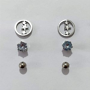 TRIO DE BRINCO EM AÇO INOXIDÁVEL- TRIO DE BRINCO DE PINO BOLINHA ZIRCÕNIA E ESTRELA 9/6/4MM ACBR000560
