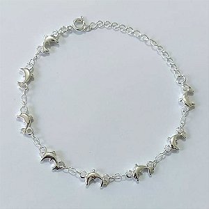 PULSEIRA FOLHEADA A PRATA COM 50 MILÉSIMOS + VERNIZ DIAMOND - PULSEIRA 16CM + EXTENSOR - COM GOLFINHOS - (PRA1238) PRPS001350