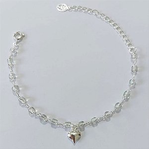 PULSEIRA FOLHEADA A PRATA COM 50 MILÉSIMOS + VERNIZ DIAMOND - PULSEIRA 15CM + EXTENSOR - COM MIÇANGAS E CORAÇÃO - (PRA1240) PRPS001351