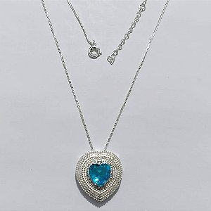 GARGANTILHA FOLHEADA A PRATA COM 50 MILÉSIMOS + VERNIZ DIAMOND - GARGANTILHA COM PINGENTE CORAÇÃO COM ZIRCÔNIA AZUL 23MM - (PRA1224)PRGG001551