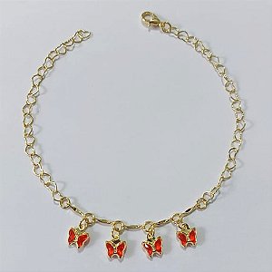 PULSEIRA FOLHEADA A OURO - BANHADO COM 3 MILÉSIMOS + VERNIZ DIAMOND - PULSEIRA 20CM COM BORBOLETAS VERMELHAS DE VIDRO OUPS000197