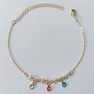 PULSEIRA FOLHEADA A OURO - BANHADO COM 3 MILÉSIMOS + VERNIZ DIAMOND - PULSEIRA 15CM COM PÉROLAS E PEDRAS CRISTAIS COLORIDAS + EXTENSOR OUPS000194