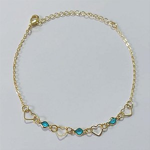 PULSEIRA FOLHEADA A OURO - BANHADO COM 3 MILÉSIMOS + VERNIZ DIAMOND - PULSEIRA 17CM COM CORAÇÕES VAZADOS E PEDRAS CRISTAIS AZUÍS + EXTENSOR OUPS000193