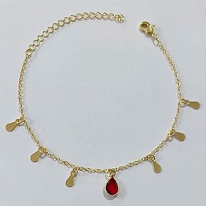 PULSEIRA FOLHEADA A OURO - BANHADO COM 3 MILÉSIMOS + VERNIZ DIAMOND - PULSEIRA 16CM GOTAS LISAS E GOTA CRISTAL VERMELHA OUPS000202