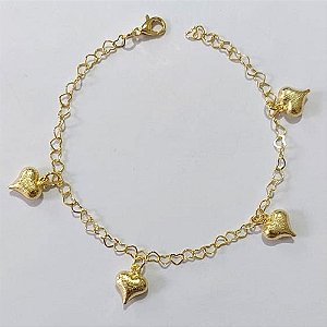 PULSEIRA FOLHEADA A OURO - BANHADO COM 3 MILÉSIMOS + VERNIZ DIAMOND - PULSEIRA 17CM COM CORRENTE CORAÇÃO COM CORAÇÕES COM BRILHOS OUPS000203
