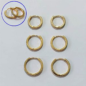 BRINCO FOLHEADO A OURO 3 MILÉSIMOS + VERNIZ DIAMOND TRIO DE BRINCOS DE ARGOLA COM 1 FILEIRA DE MICRO ZIRCÔNIA AZUL 17/15/13MM OUBR000712