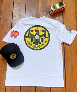 Camiseta Aircooled 043 e Antigos BRANCA com logo de apoio nas mangas
