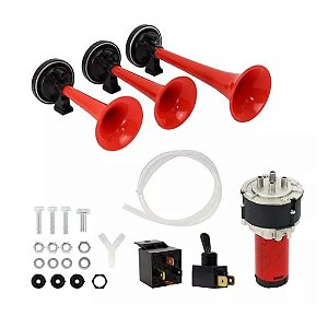 BUZINA AR 3 CORNETAS PLÁSTICA (VERMELHA) COM COMPRESSOR 12V - CAMINHÃO / ÓNIBUS - (K10064)