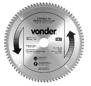Disco lâmina serra circular com vídea p/ alumínio 10" 80 dentes Vonder