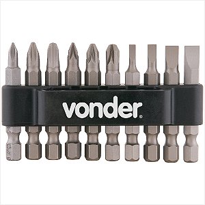 Kit de bits/ponteiras com 10 peças encaixe sextavado 1/4" - Vonder