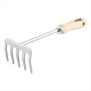 Ancinho para jardim em aço inox com 5 dentes cabo em madeira - Vonder Plus