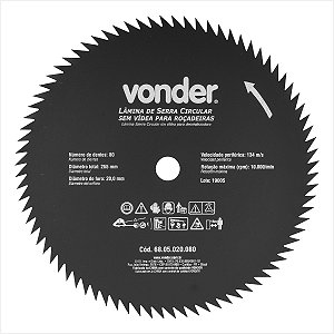 Lâmina circular sem vídea para roçadeiras 255 mm x 20 mm 80 dentes - Vonder