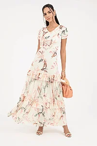 Vestido Em Tule Longuete Estampado Com Babados Via Tolentino