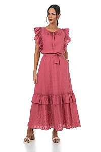 Vestido Rosa Longuete Em Laise Com Babados