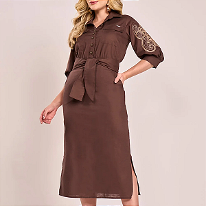 Vestido Chemise Marrom Linho Bordados Richelieu Midi