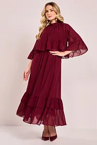 Vestido Bordô Musseline Gola Alta Evasê Midi