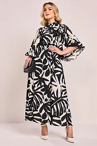 Vestido Viscose Estampa Folhagens P&B Midi Fascinius