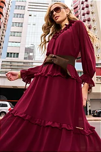 Vestido Detalhes Em Babado E Laço Midi Fascinius
