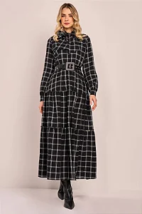 Vestido Algodão Xadrez Manga Longa Evasê Midi Fascinius