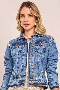 Jaqueta Jeans com Lavagem Sky Claro E Bordados em Pérolas Fascinius